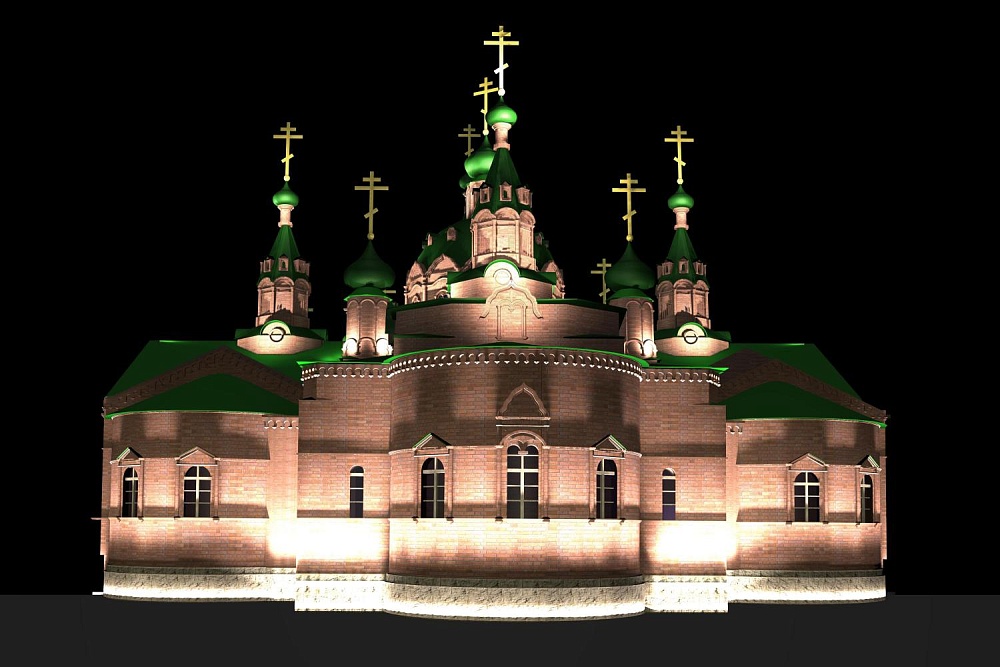 Визуализация архитектурного освещения фасада храма Александра Невского г. Челябинск 