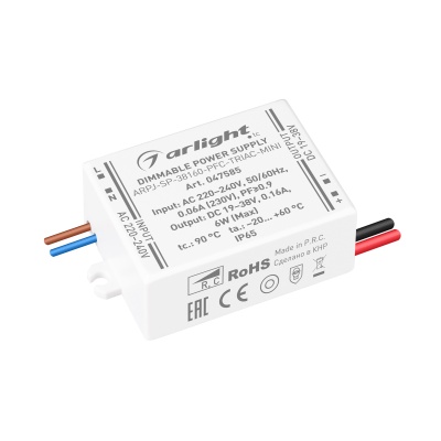 Блок питания ARPJ-SP-38160-PFC-TRIAC-MINI (6W, 19-38V, 160mA) для светодиодов купить в Москве
